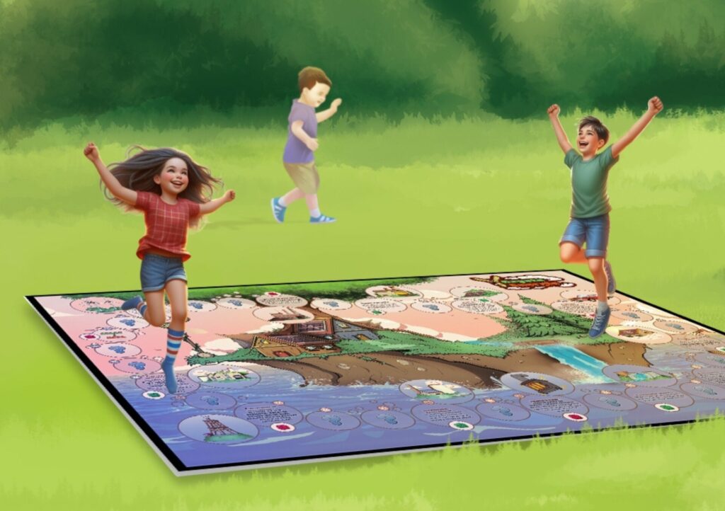 Gra Wielkoformatowa Planszowa Czysta Energia, dzieci skaczą po planszy, dzieci się bawią na świeżym powietrzu