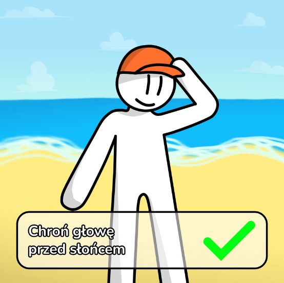 Ilustracja przedstawiająca postać w czapce z daszkiem na plaży z napisem „Chroń głowę przed słońcem” – porada dotycząca ochrony dzieci na plaży przed upałem