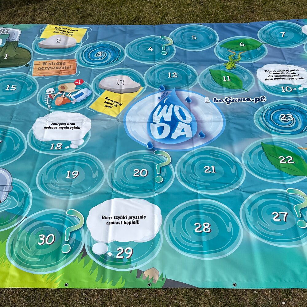 Edukacyjna gra planszowa wielkoformatowa o wodzie, dla dzieci. Pij wode,dbaj o wode. Woda