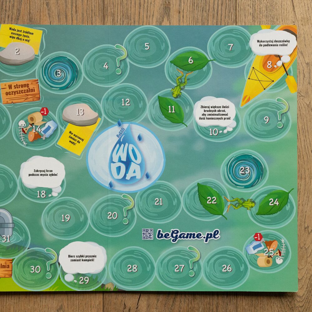 Edukacyjna gra planszowa, o wodzie, dla dzieci. Pij wodę, dbaj o wodę. Woda